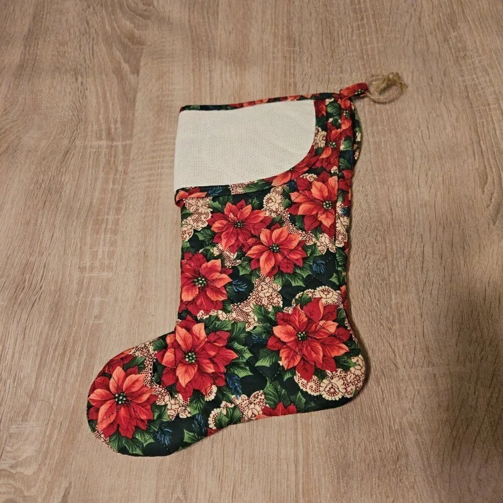 Handmade Christmas Stocking Embroidered Christmas Is Caring Pontsettias Santa